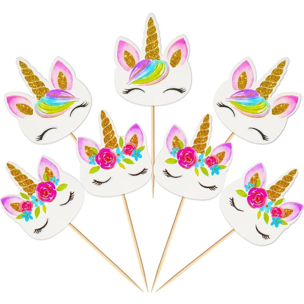 48 Pieces Rainbow Unicorn Cupcake Toppers, Cupcake Picks Cake Decorations, Doubl